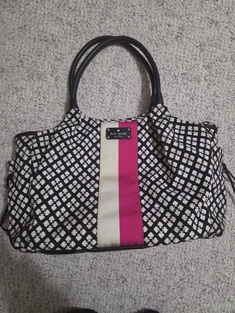 kate spade Black & White Pattern Tote Diaper Bag with Pink Stripe